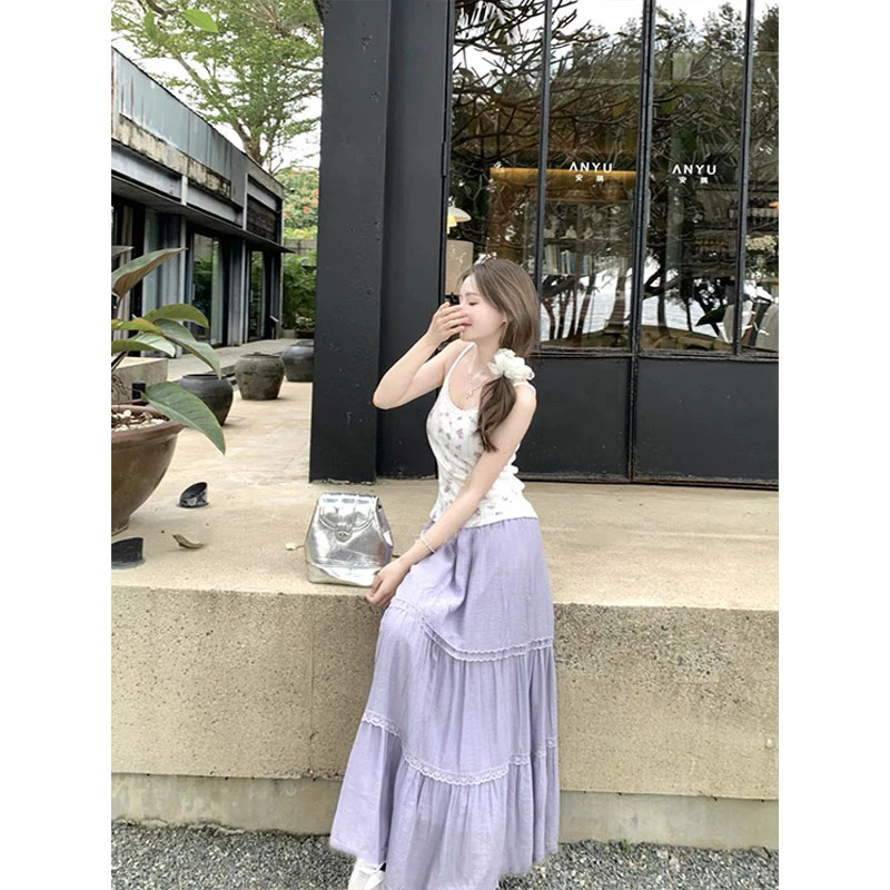 阿球【孤品订单 芋泥小紫半裙】长裙半身裙微胖夏季蕾丝拼接大裙摆