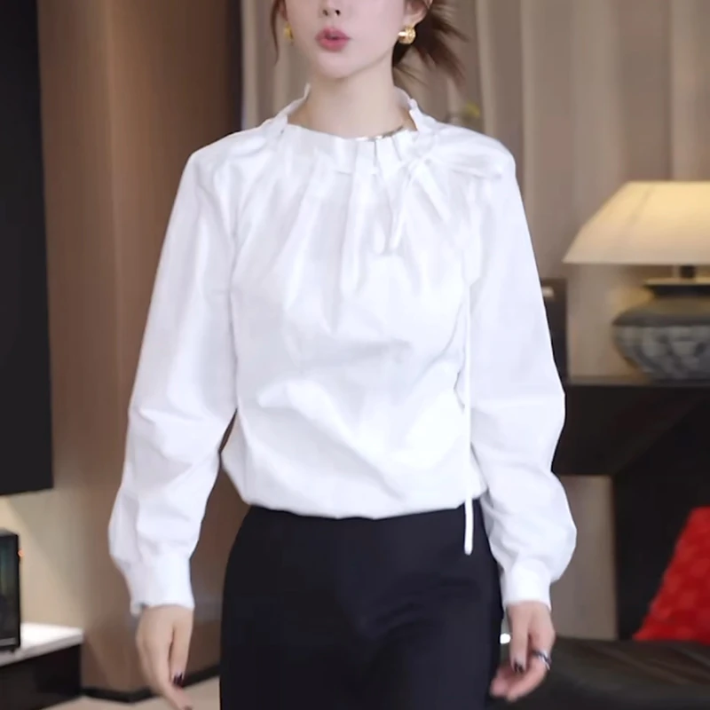 立领系带白色衬衫女秋季2025新款高级感洋气减龄显瘦通勤长袖上衣