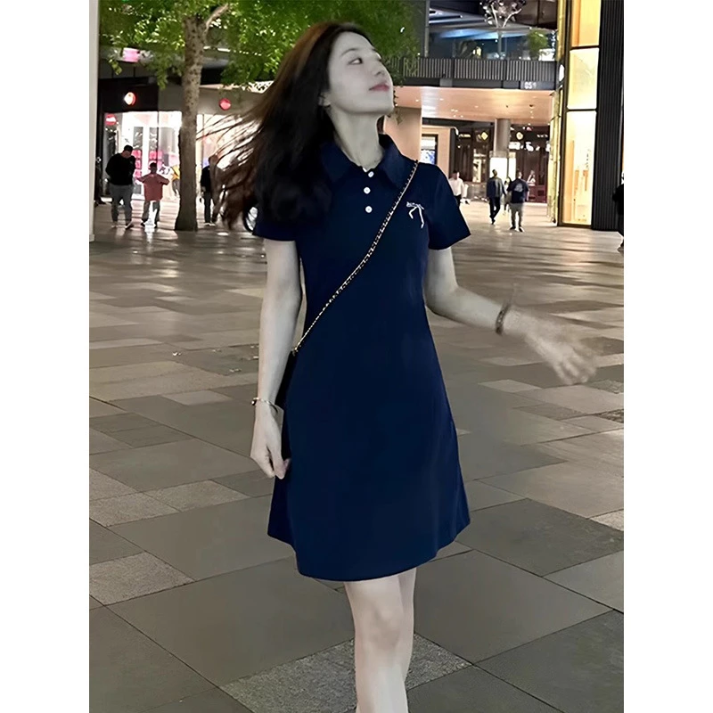 纯棉蓝色蝴蝶结刺绣polo领短袖连衣裙女夏季高级感气质显瘦a字裙
