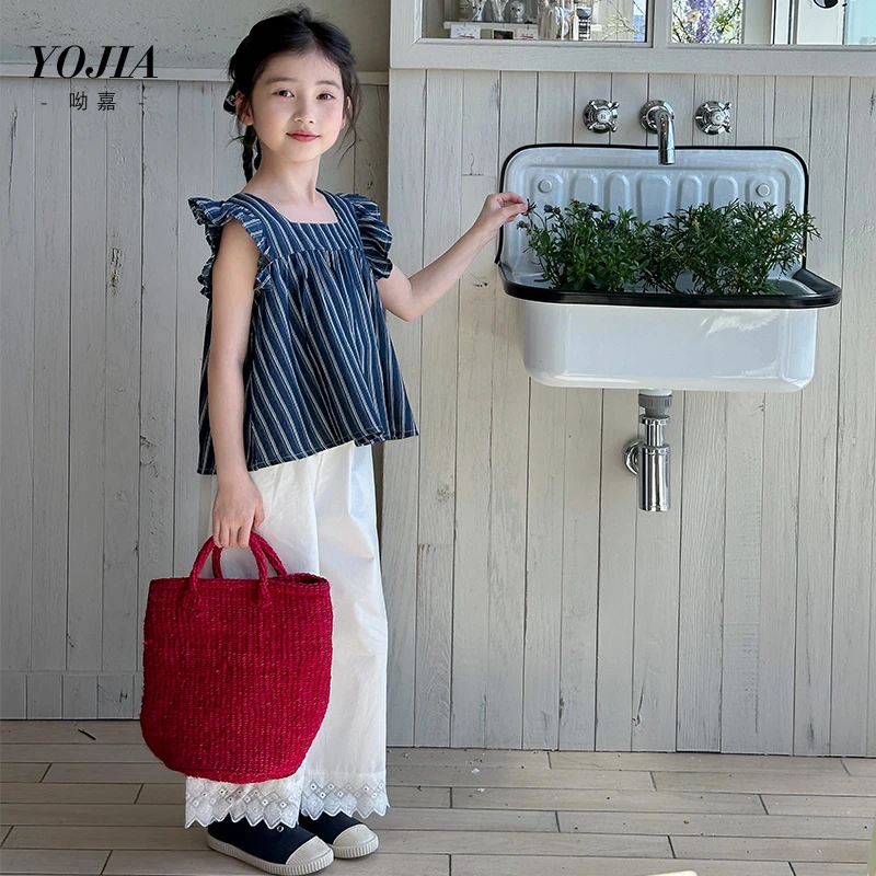 YOJIA【飞袖牛仔】女童T恤夏装2025小女孩小飞袖娃娃衫儿童牛仔上衣