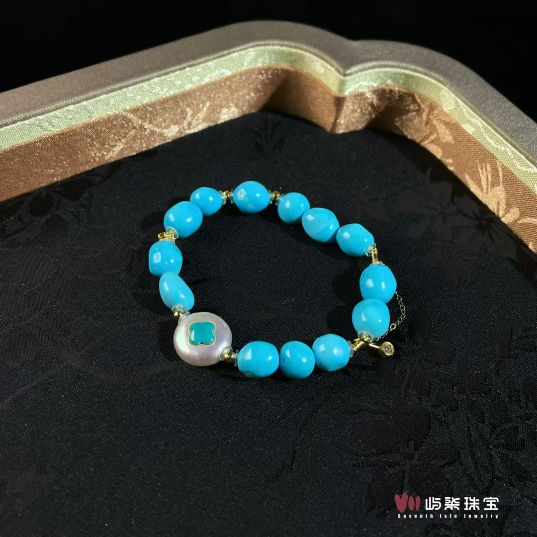 云莳【要努力】F524 绿松石18k金镶嵌 随形松18k巴洛克手串