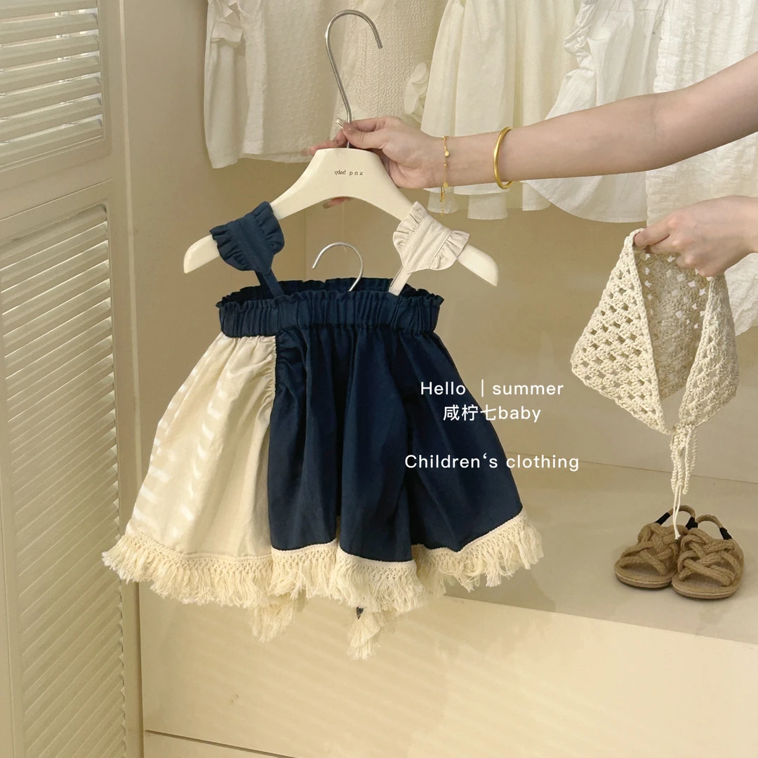 【送头巾】夏季新款女童设计感洋气拼接吊带背心裙女孩森系休闲时尚