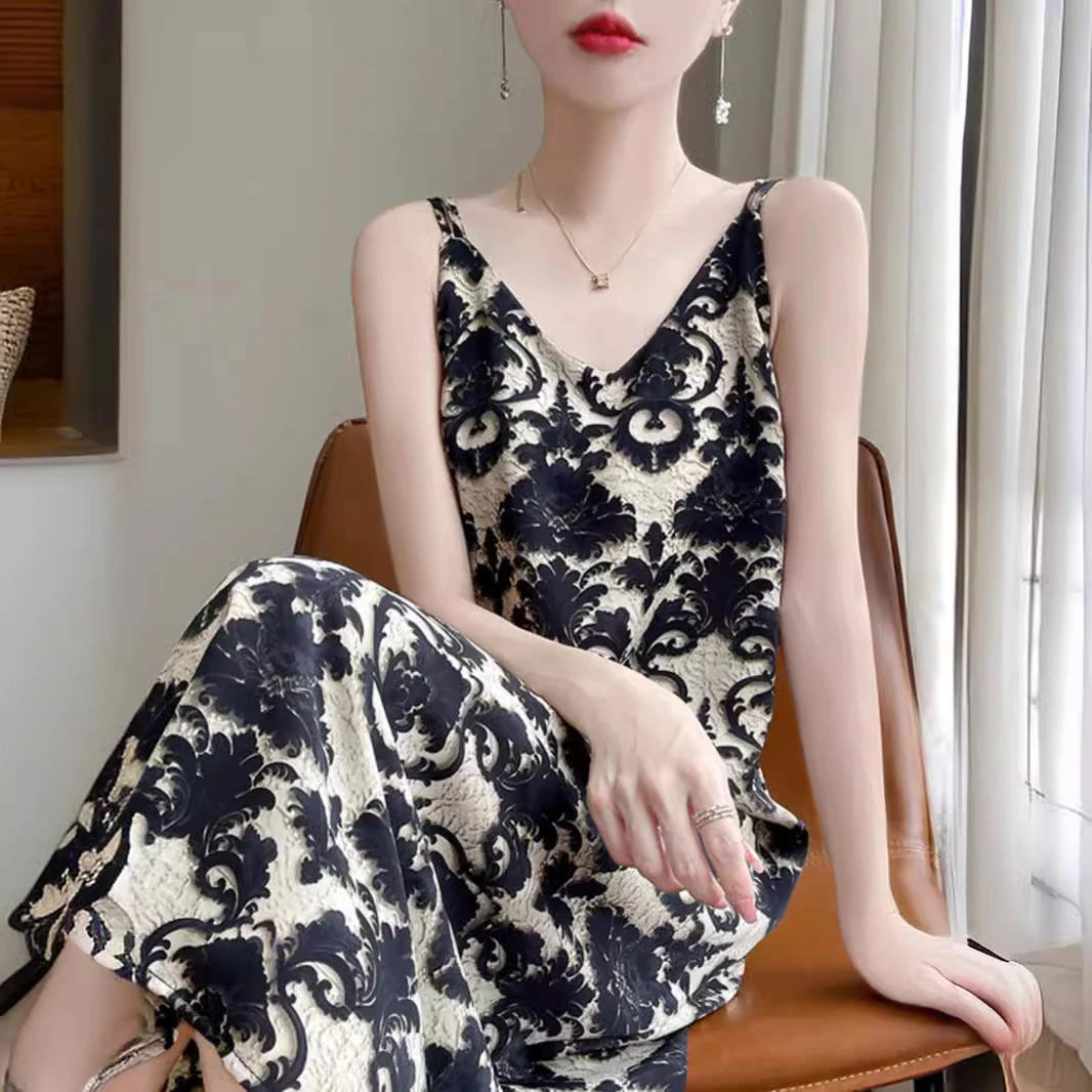 印花醋酸高级感宽松遮肉碎花长裙子夏季轻奢女法式吊带连衣裙