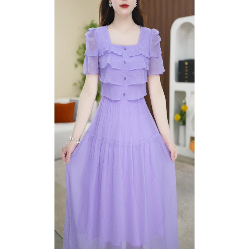 【连衣裙】夏季新款方领纯色气质显瘦中长款通勤连衣裙M-4XL