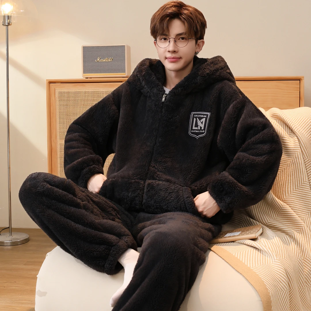 睡衣男士秋冬款加绒加厚珊瑚绒青少年拉链冬天男生宽松家居服套装