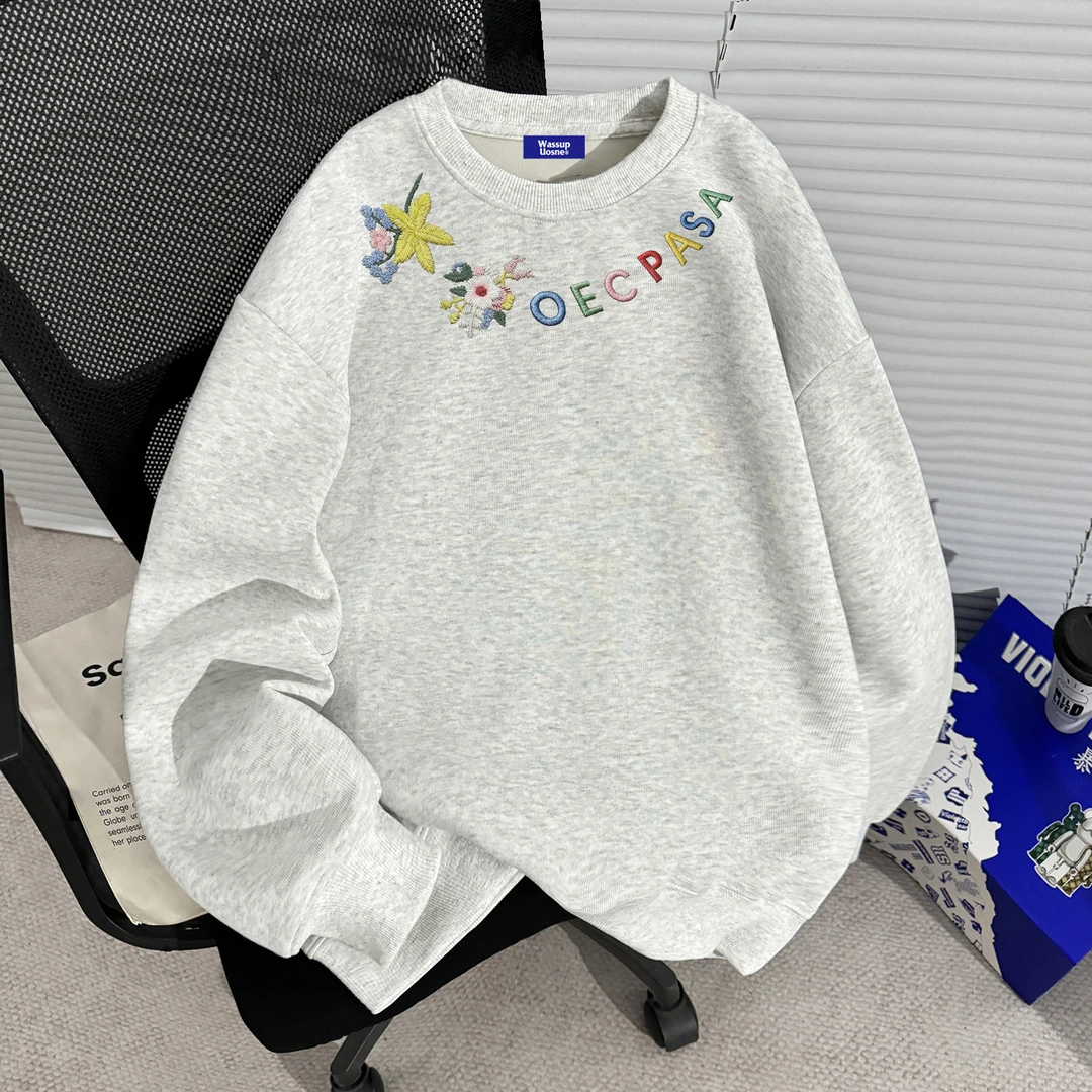 加绒加厚刺绣圆领秋冬季2025新款卫衣男款宽松套头无帽情侣装上衣