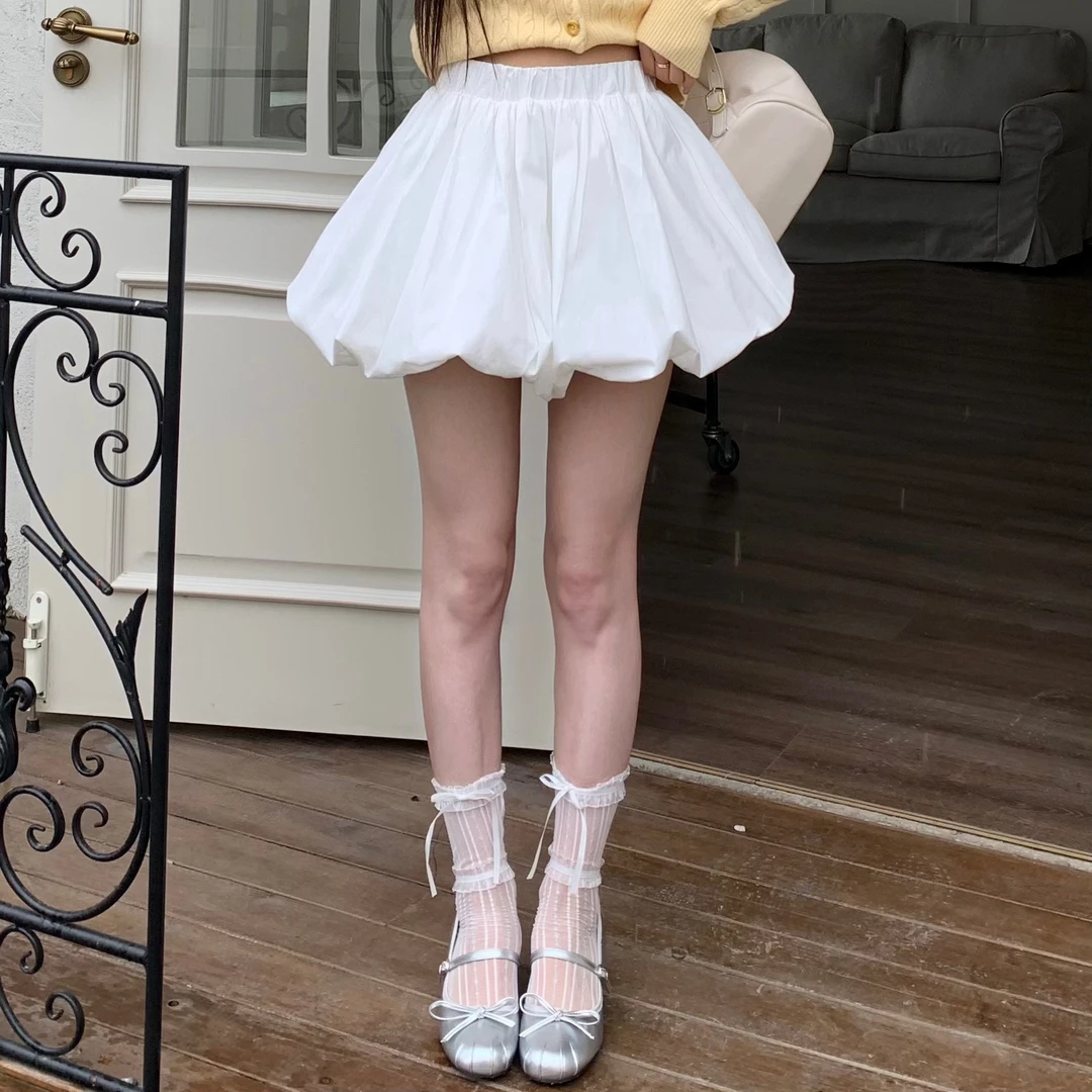 3MER 黑色云朵花苞裙女高腰蓬蓬裙子A字皱褶灯笼半身裙子