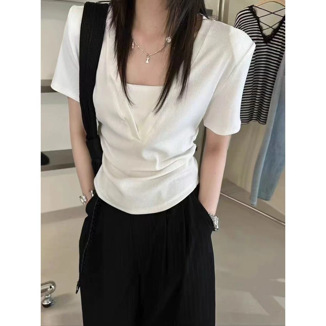 撞色假两件侧腰捏褶掐腰蚂蚁腰带垫肩显瘦T恤~A1312L小静折扣