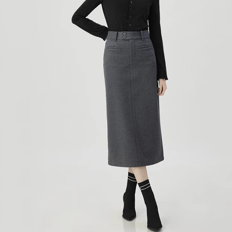 {专柜}同款2025秋冬高腰加厚磨毛半身裙显瘦中长款直筒裙1200369