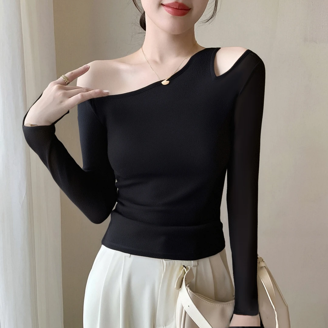 黑色斜领露肩长袖t恤女时尚小众2025早秋新款洋气百搭绝美打底衫