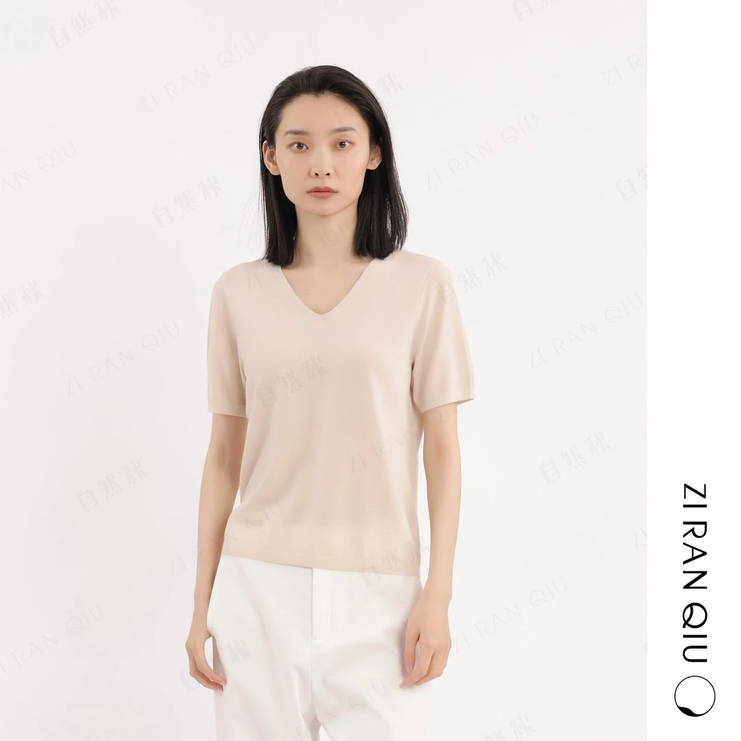 【自然秋】初见 通勤宽松百搭V领休闲羊毛针织女士套头短袖上衣