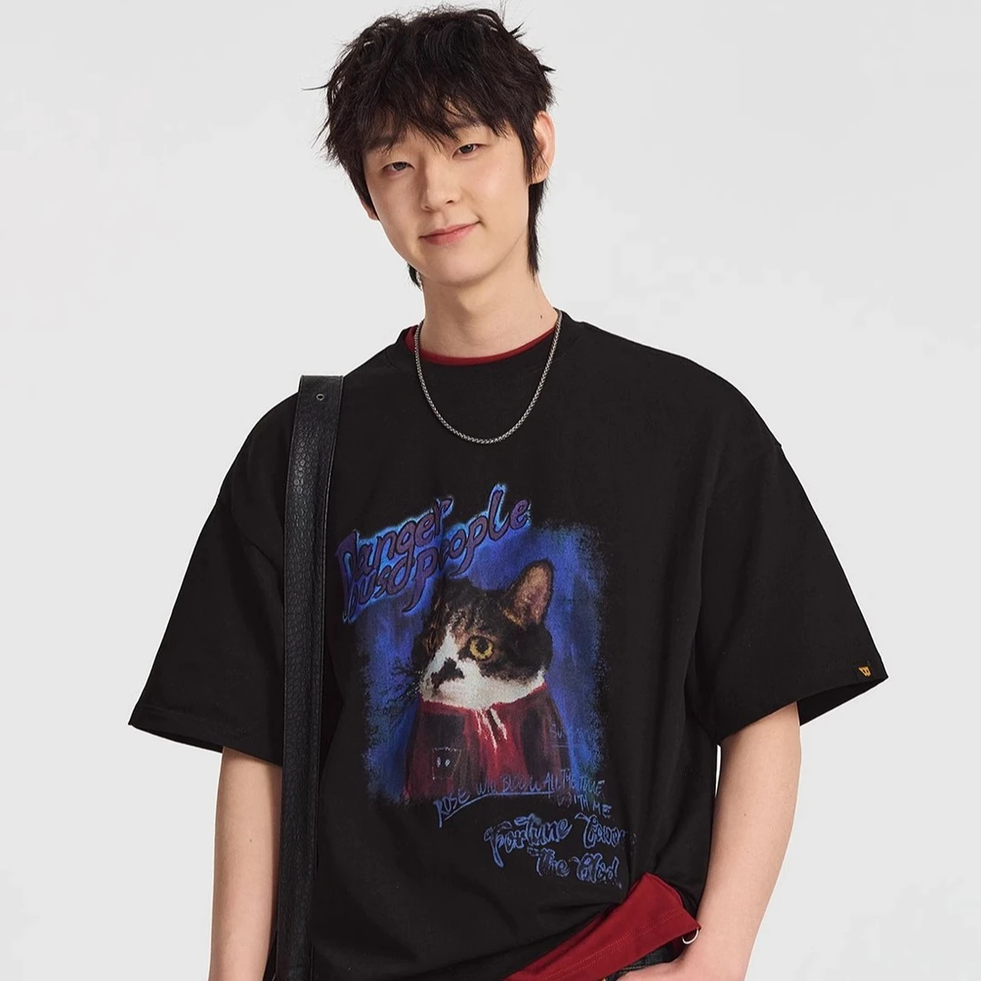 Dangerouspeople薛之谦dsp油画猫猫潮酷白墨印花宽松百搭短袖T恤