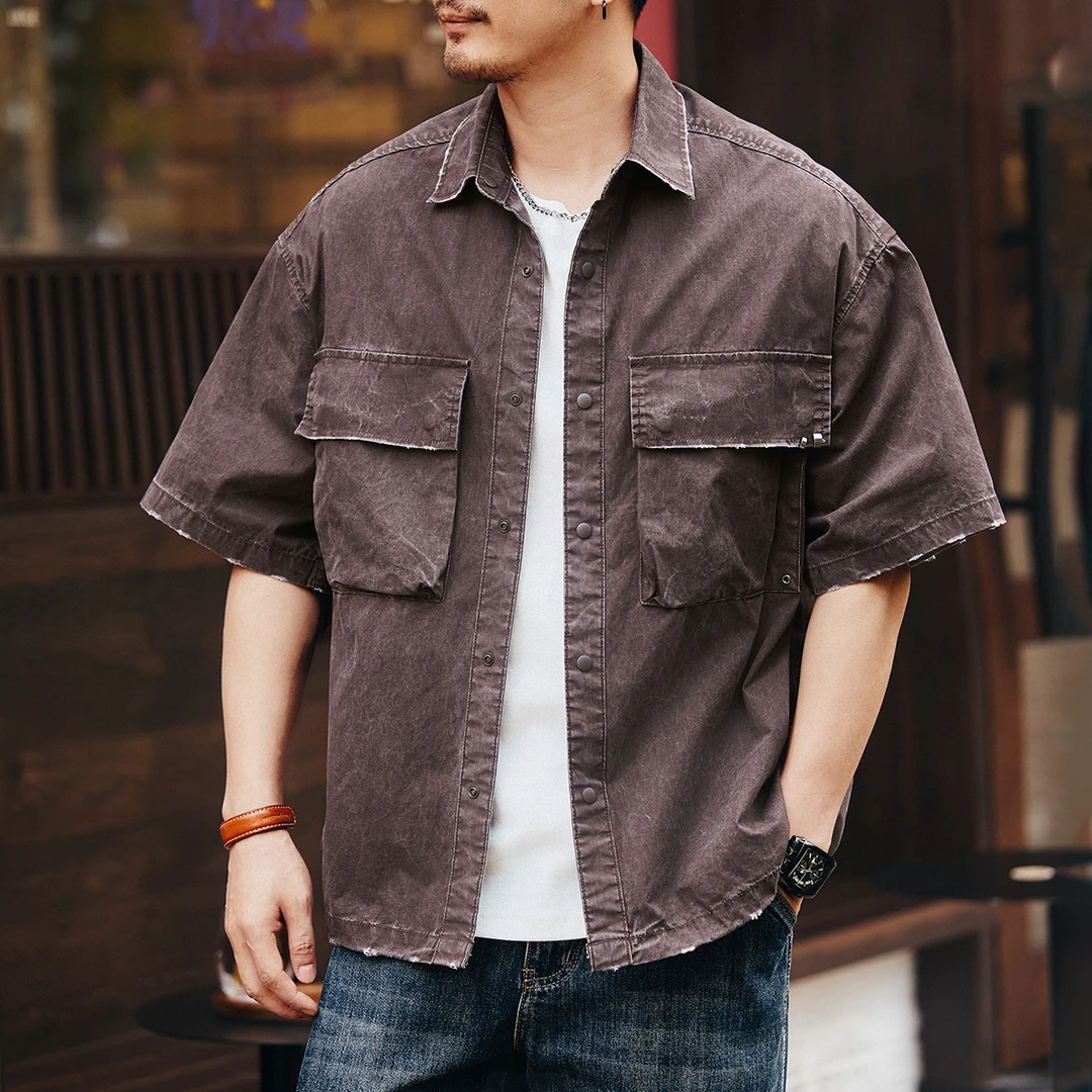 格蓝鹿美式复古重磅水洗工装短袖衬衫男夏季新款廓形宽松休闲衬衣