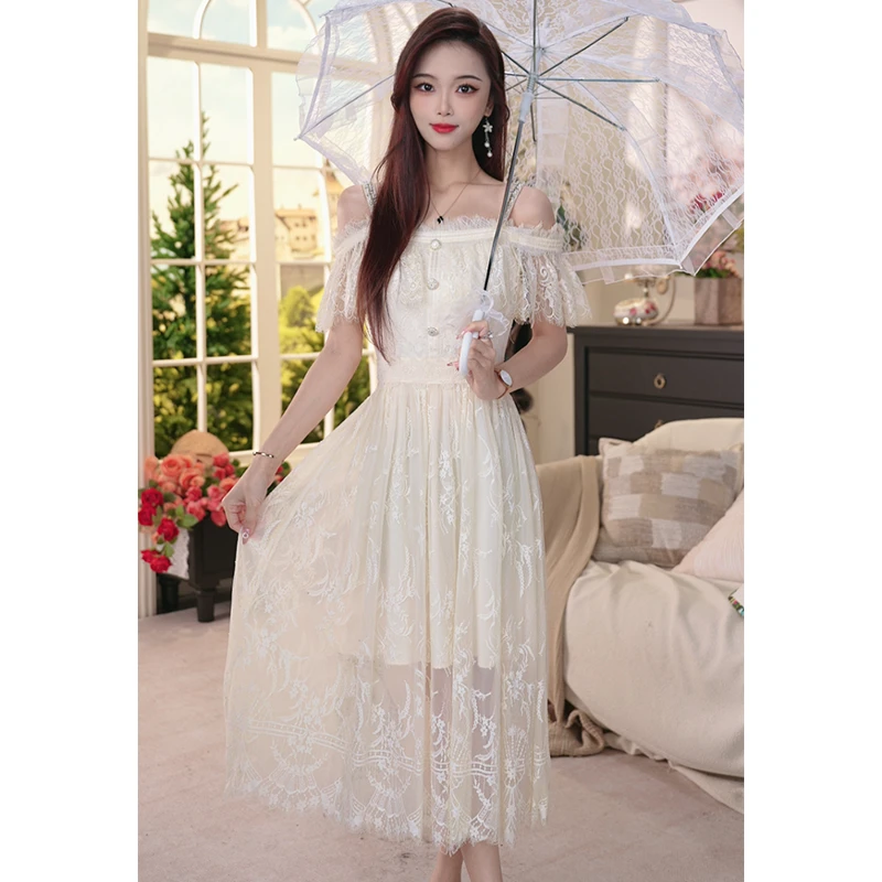 VELVETINE绒雅法式宫廷吊带蕾丝时尚夏款复古洋气连衣裙82426218