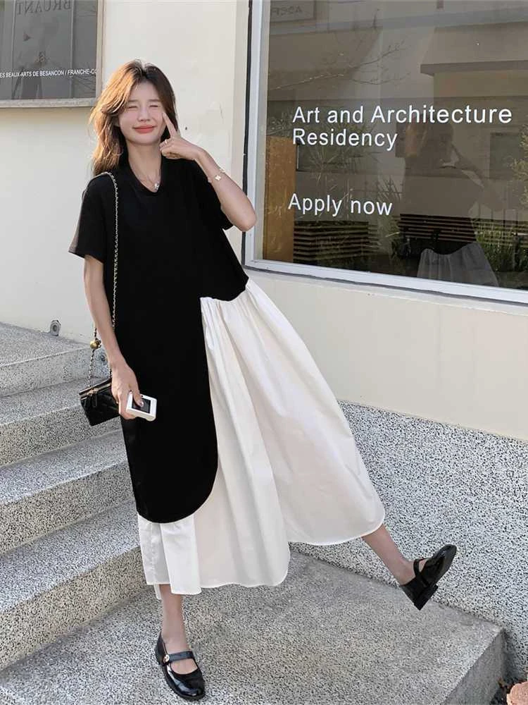 特大码300斤胖MM撞色拼接慵懒风休闲连衣裙女夏新款减龄显瘦长裙t