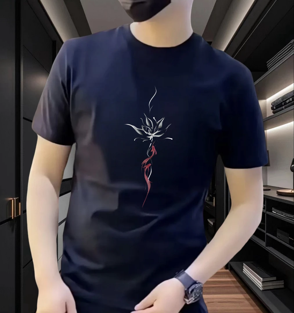 夏季国潮男士短袖T恤纯棉时尚休闲半袖潮流修身印花圆领百搭个性