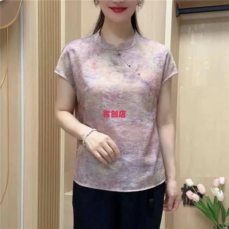 6083国风妈妈装旗袍上衣夏季新款轻薄透气短袖T恤大码减龄小衫女