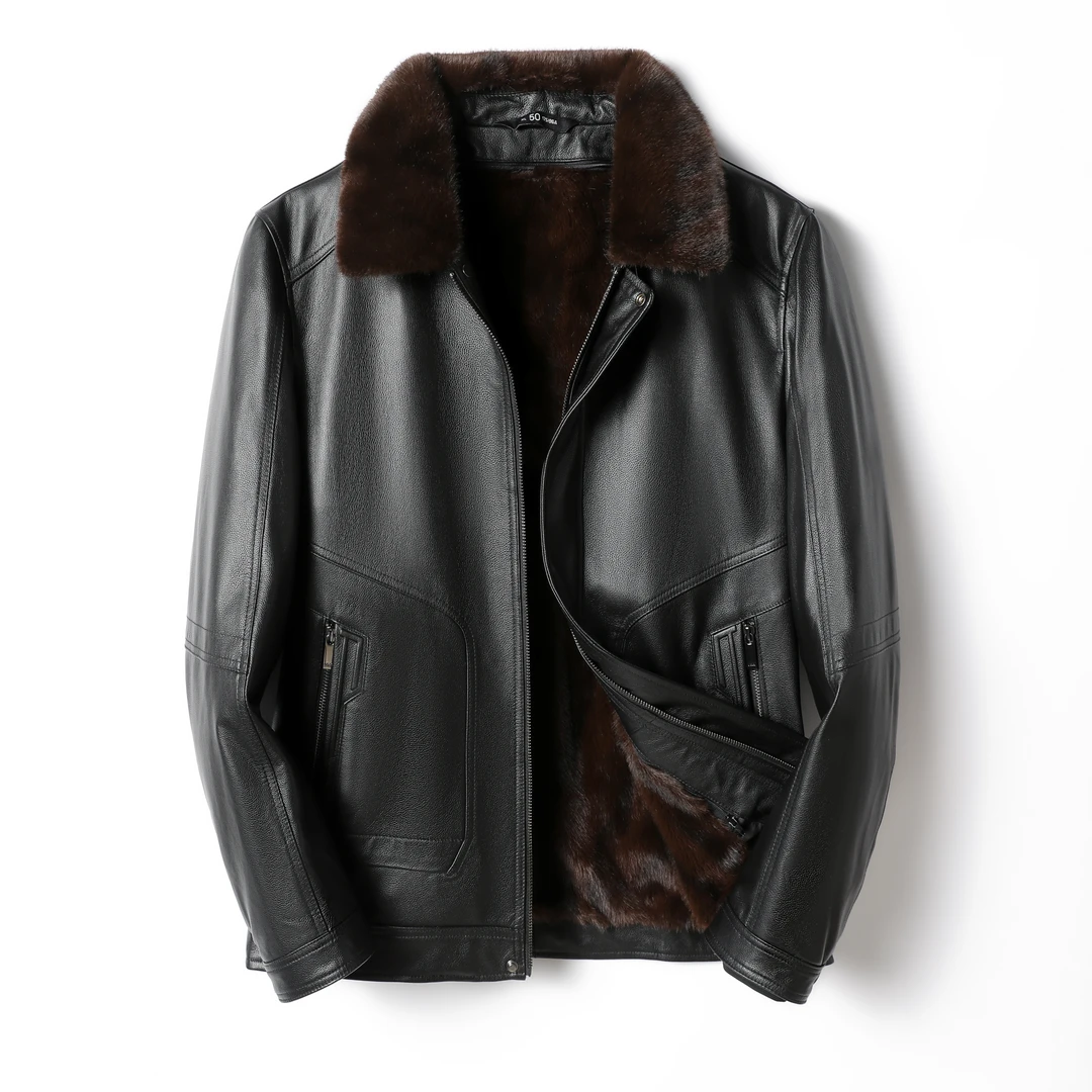 28221-1头层牛皮貂绒内胆冬季男士真皮保暖加绒休闲外套