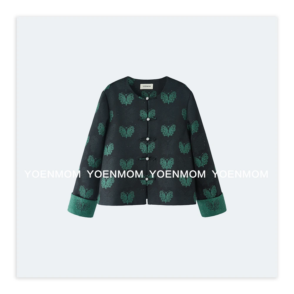 YOENMOM·黑绿蝴蝶·上久楷桑蚕丝羊毛细闪亮片足银扣国风正肩外套
