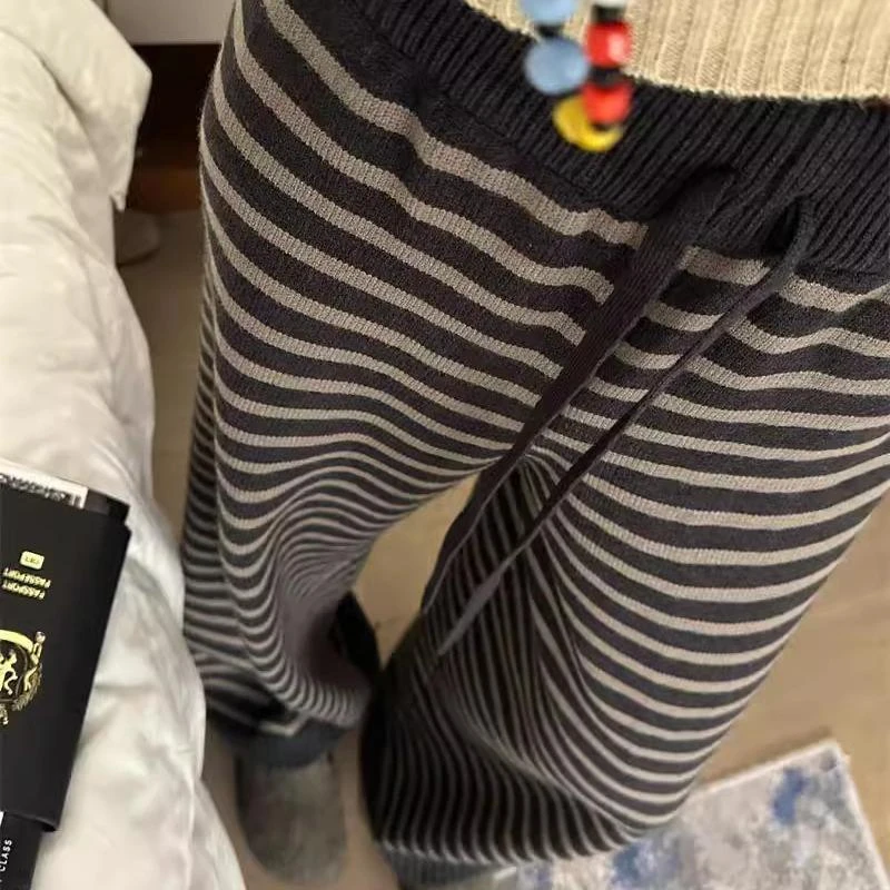 美式慵懒松弛感黑灰条纹针织阔腿裤女冬季韩系高腰显瘦休闲拖地裤