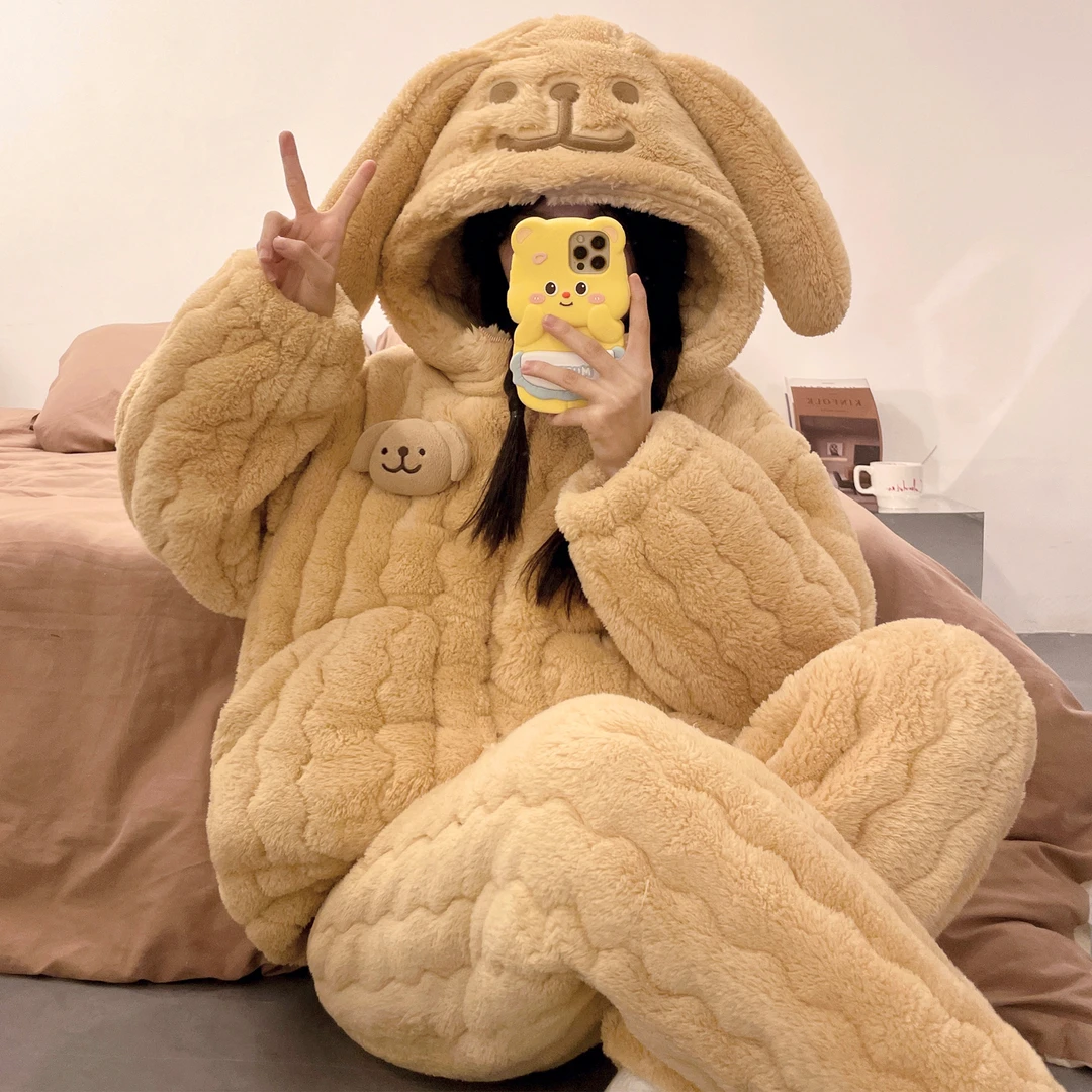 线条小狗睡衣女秋冬季加绒加厚珊瑚绒三层夹棉2025新款家居服套装