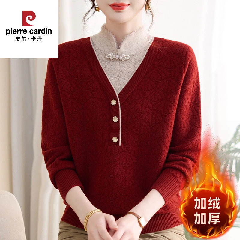 皮尔卡丹2025妈妈新款洋气假两件毛衣中老年人加绒加厚毛衣秋冬时