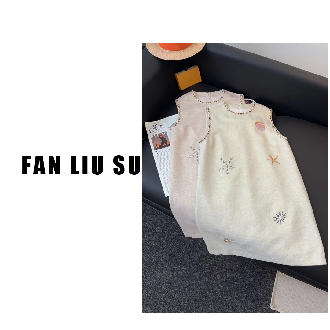 国风复古重工烫钻亚麻连衣裙女士夏季