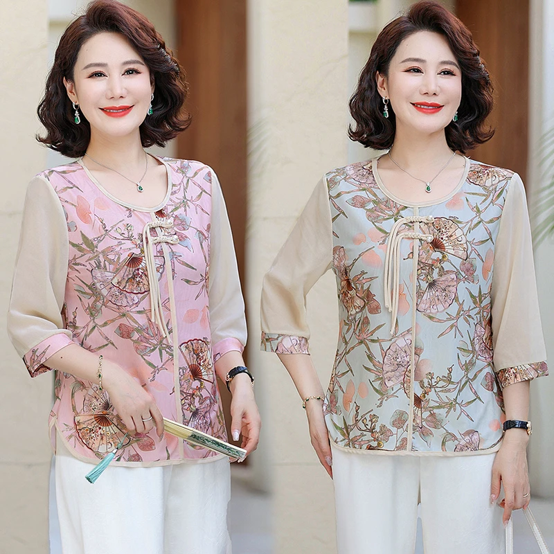 妈妈装春夏七分袖小衫2025新款中老年人洋气质T恤奶奶装薄款上衣