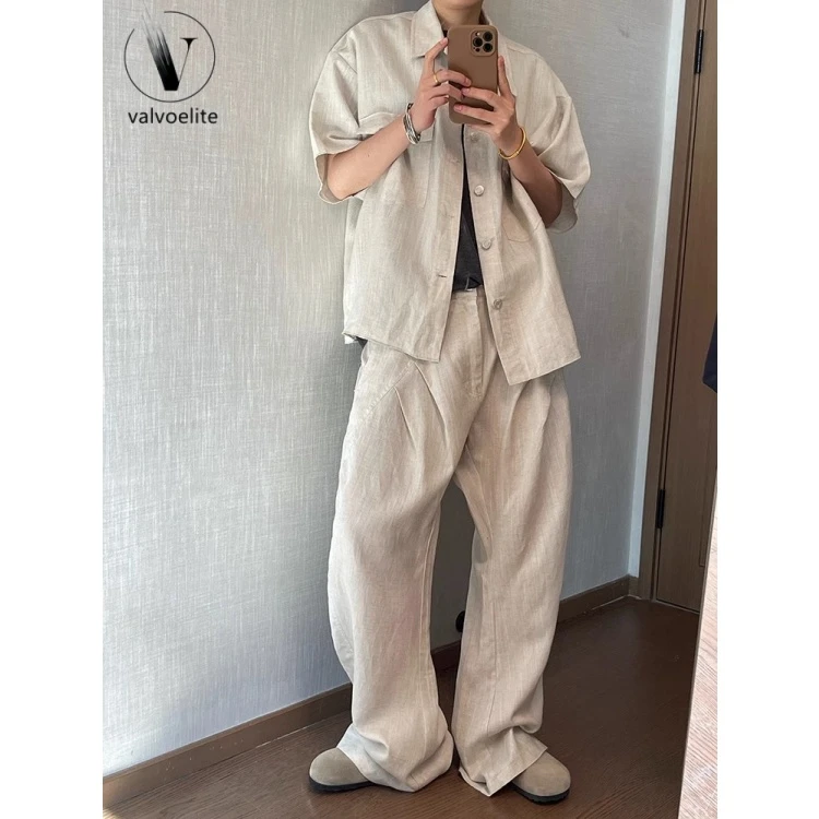 VALVOELITE特大码情侣夏季美式复古男女工装短袖衬衫休闲长裤套装