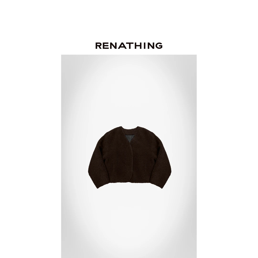 【RENATHING】纯色毛绒无领短款外套