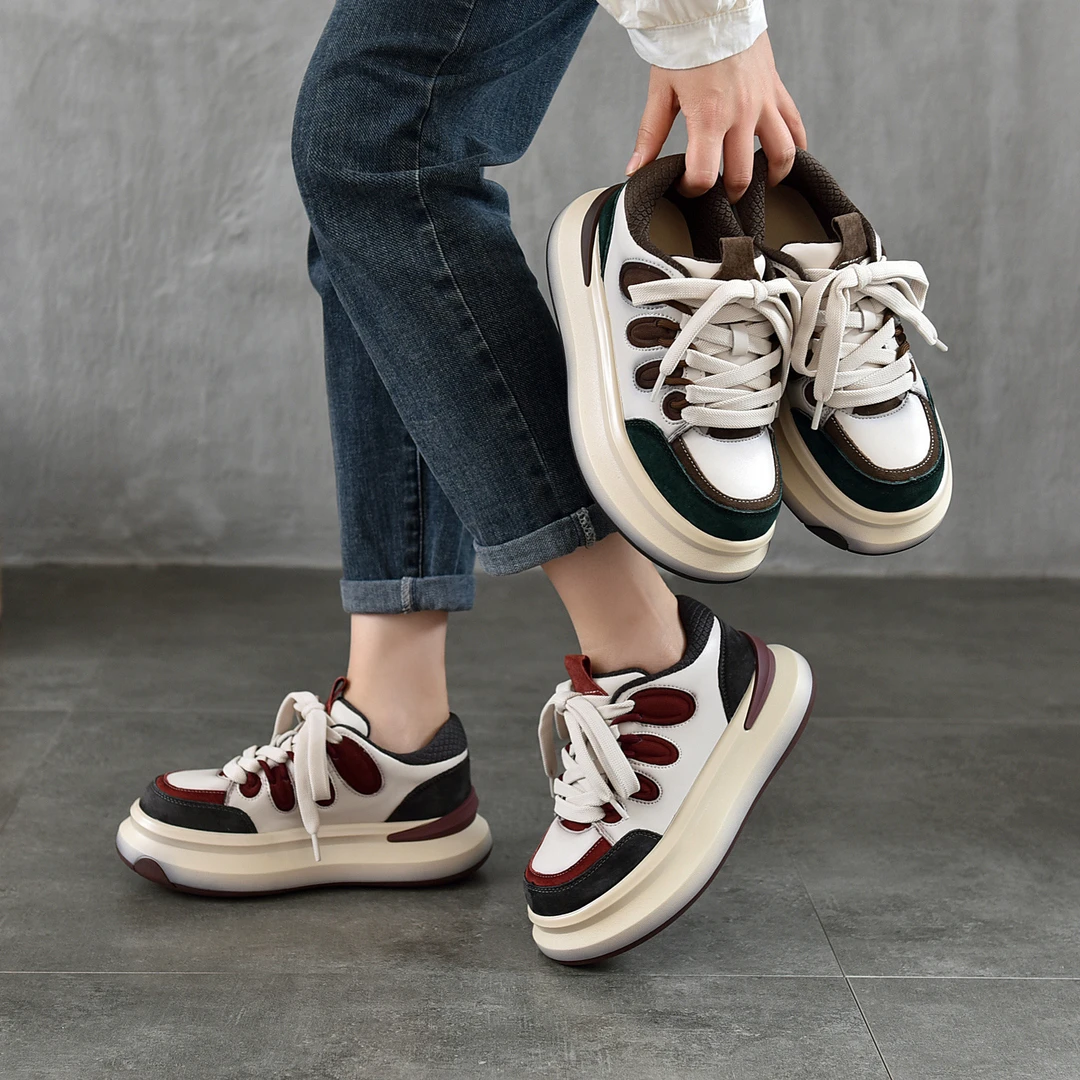 复古单鞋真皮女鞋轻便厚底松糕麦昆休闲鞋2025秋季新款系带运动鞋