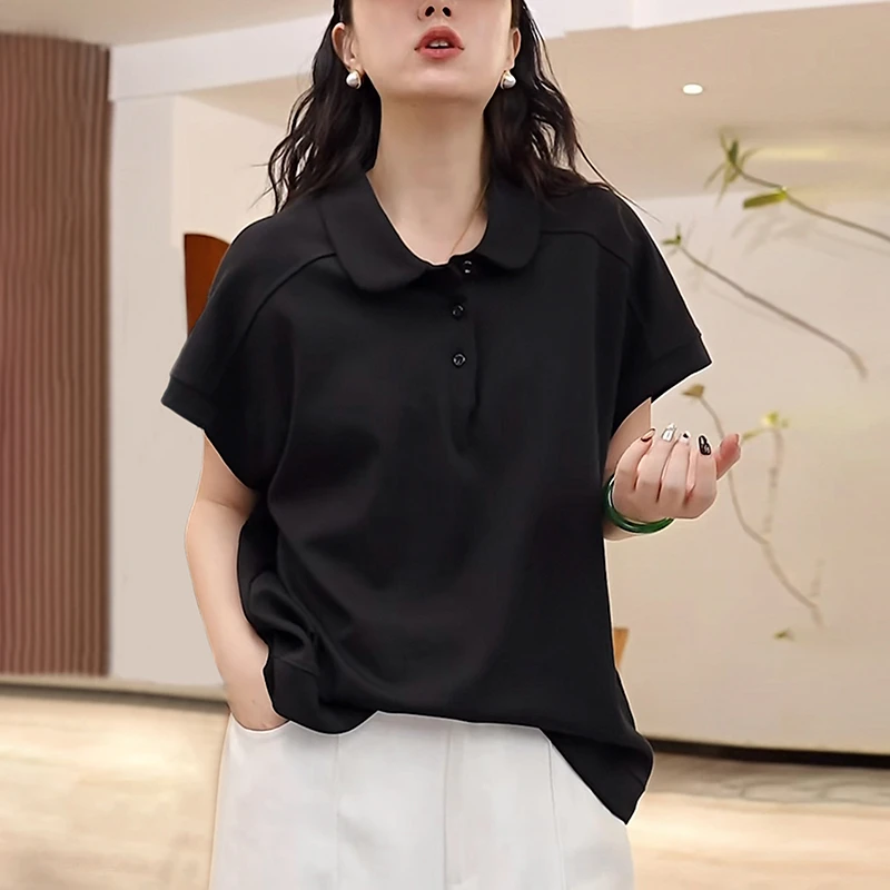 2025早秋新款女士黑色翻领T恤时尚减龄宽松显瘦高级感polo衫上衣