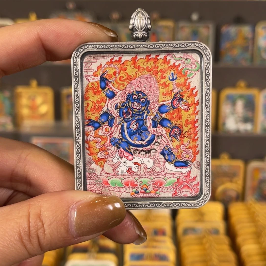 吊坠大黑天青海热贡唐卡