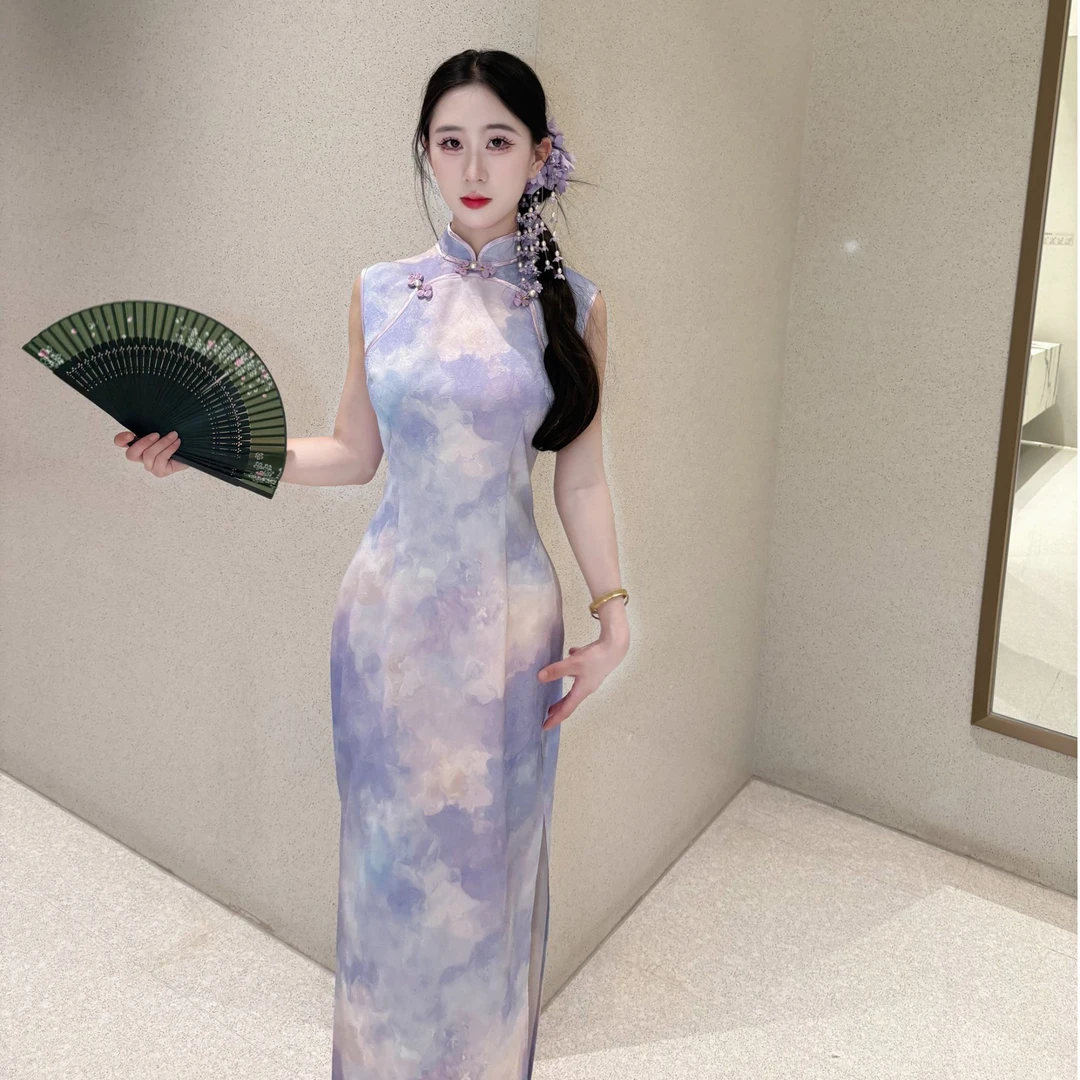 画报夫人原创自制国风仿正绢无袖港工旗袍 山魅紫云港工