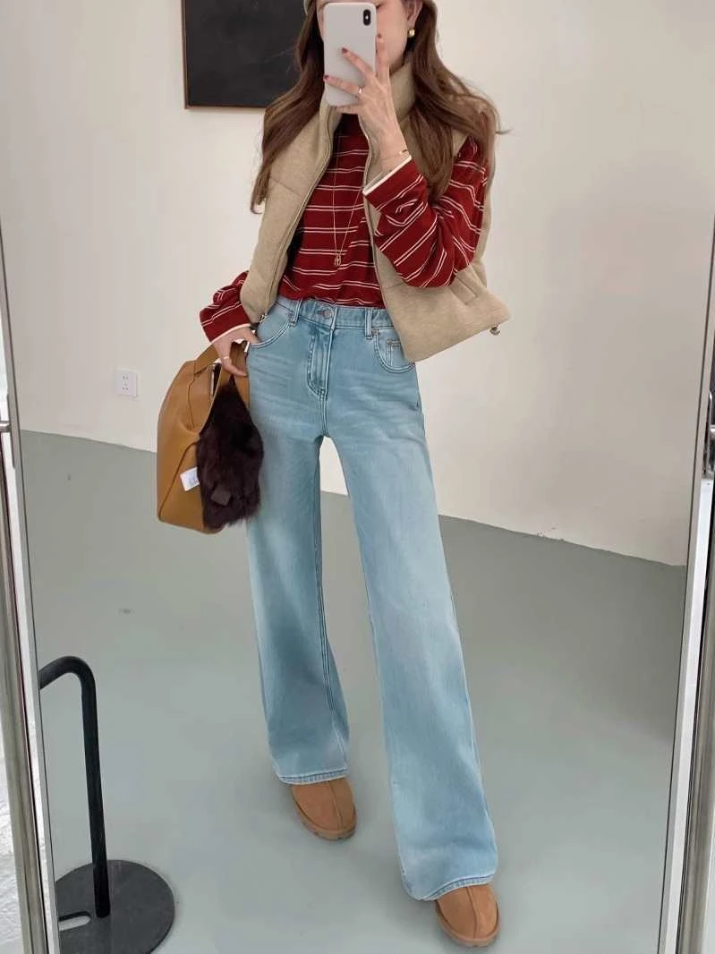 xx 梦中情裤~绝美冰川蓝加厚绒，必入系列！窄版直筒裤