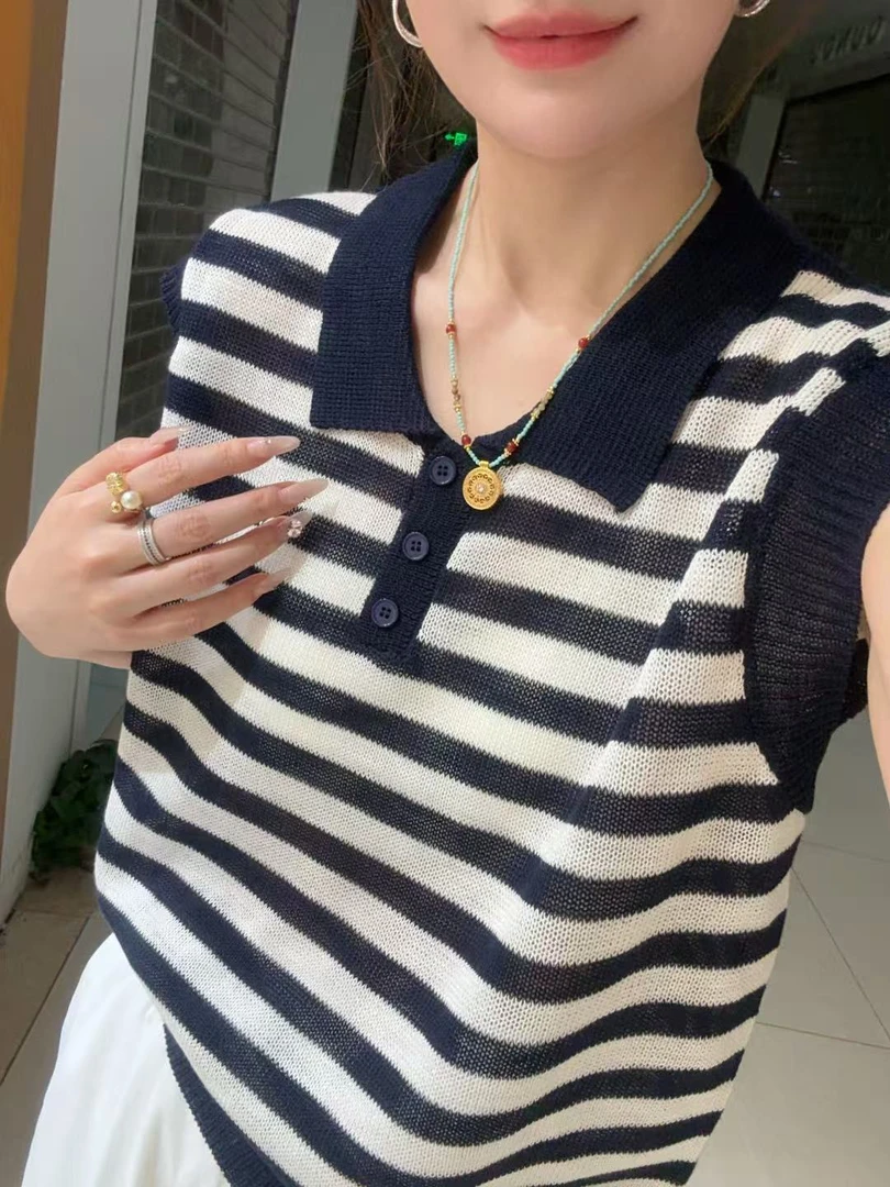 【洋洋精选】2025夏季新款百搭时尚简约气质条纹短袖针织上衣