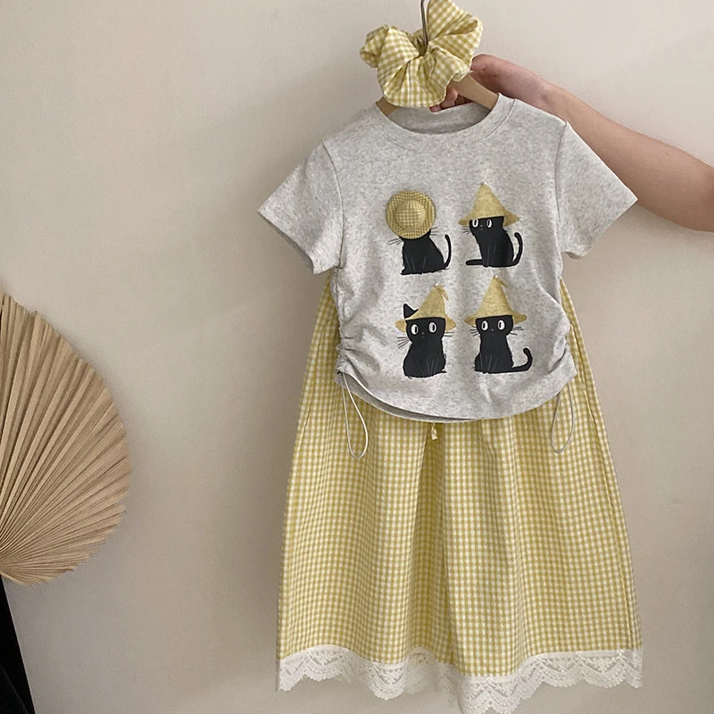 【安安家】女童韩版卡通印花猫咪短袖格子花边休闲阔腿裤Z-GL002