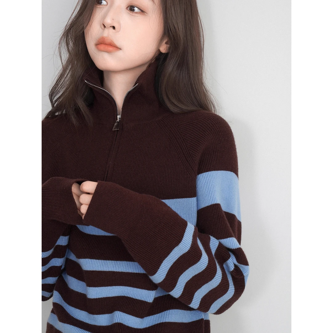 谁穿都好看！巨舒服！半拉链翻领条纹针织衫女秋冬长袖上衣慵懒毛衣