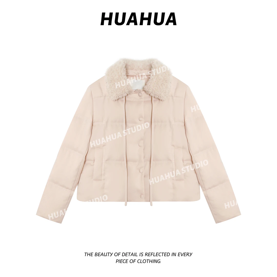 【花花】乖乖女~韩系时尚短款温柔羊毛小翻领系带缎面气质羽绒服