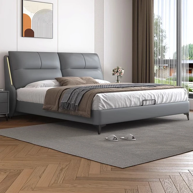 意式真皮床主卧大床现代简约儿童单人实木大床家用轻奢双人储物床