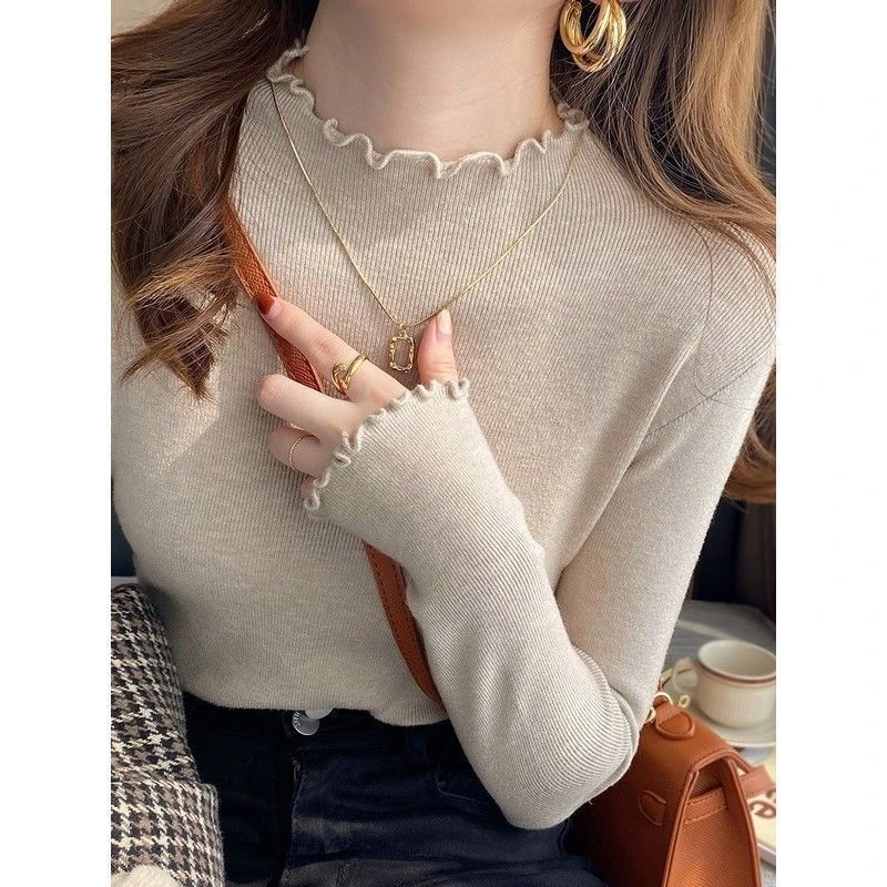 2025秋冬款打底衫女新款木耳边爆款毛衣设计感小众软糯针织衫上衣