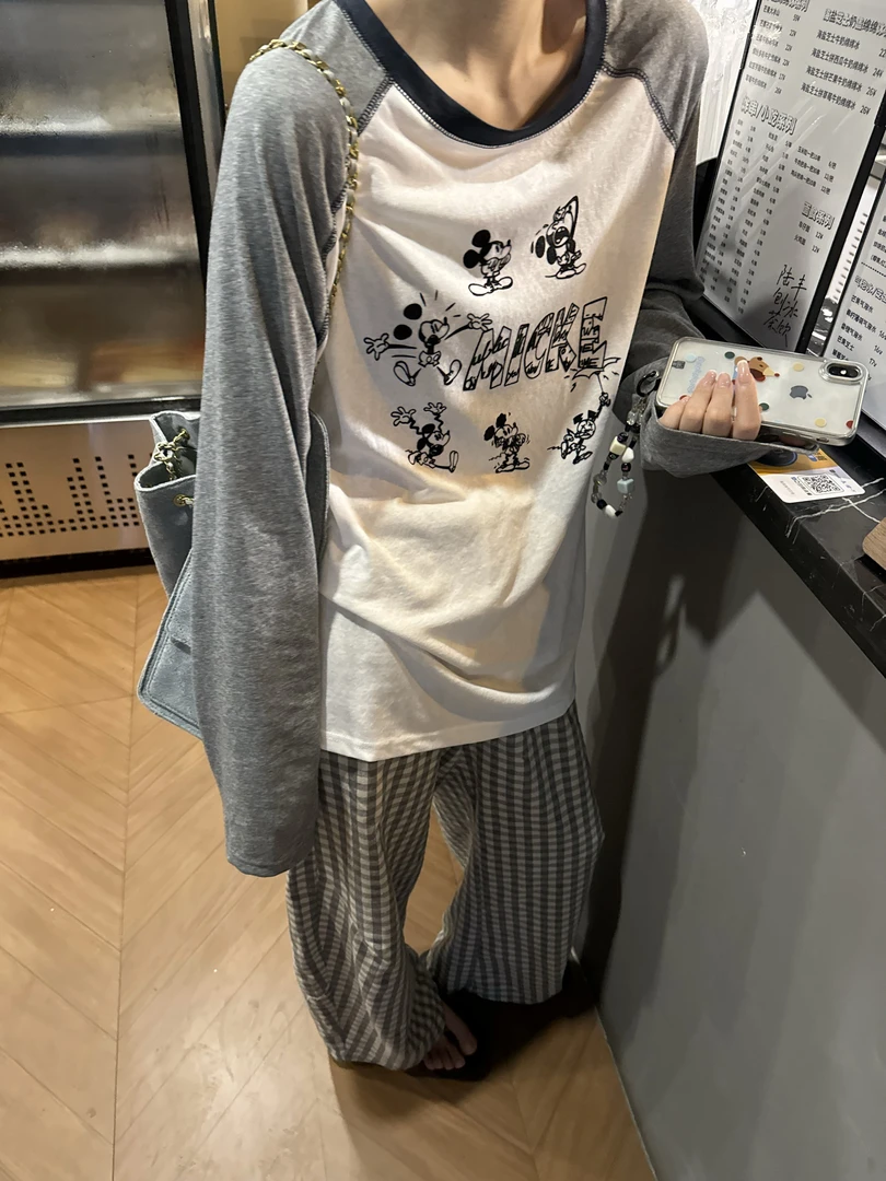 夏季宽松撞色植绒长袖T