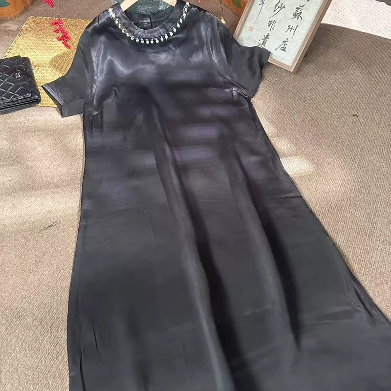 夏季新款新中式国风圆领手工串珠重锻油皮老料短袖连衣裙