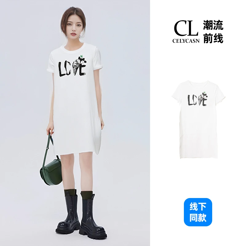 M7II3750#夏季简约字母图案印花中长款女美式复古T恤