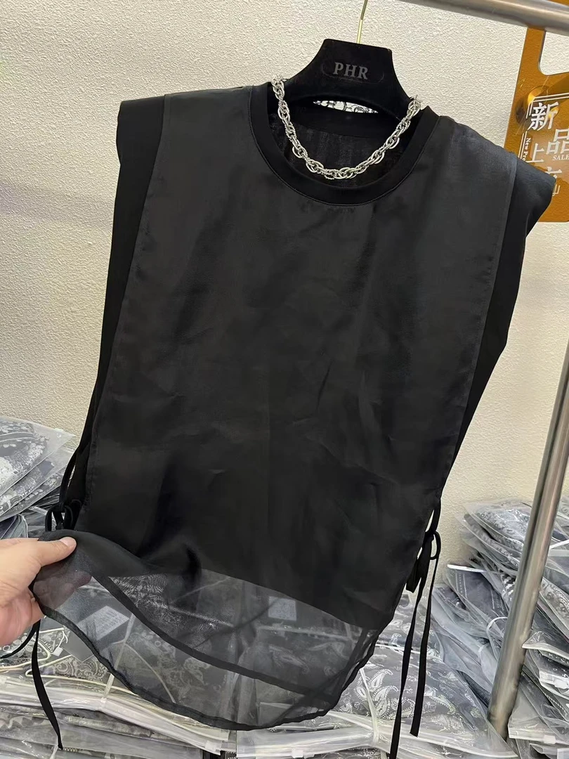 5880#欧货2025年夏季新款圆领拼接系带收腰网纱拼接黑色T恤女上衣