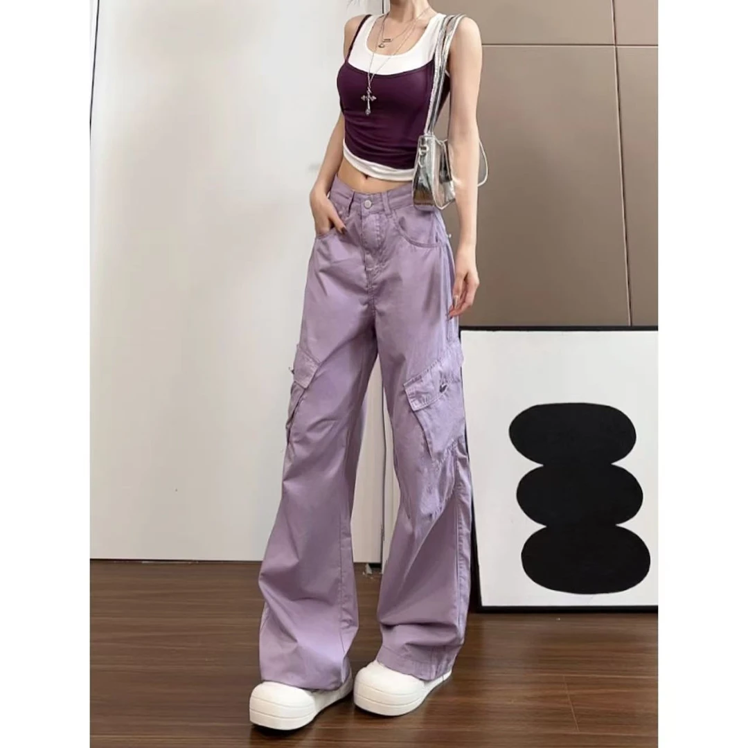 【香芋紫工装裤】美式高街工装裤女宽松大口袋褶皱拖地裤-K3101