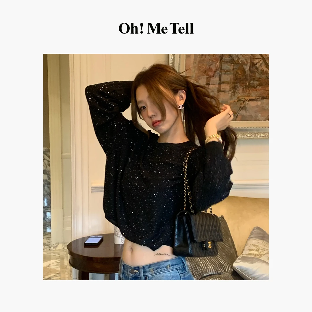Oh!Me Tell【璀璨之夜】高级重工小亮片薄款圆领长袖毛衣针织衫女