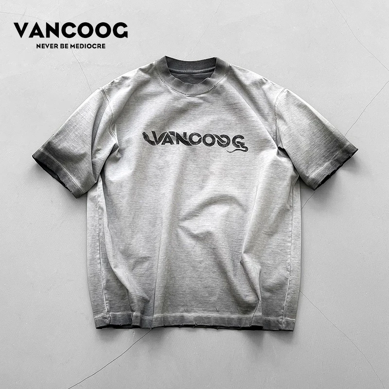 VANCOOG25夏季美式潮牌宽松重磅做旧纯棉破洞蛇印花圆领短袖T恤男