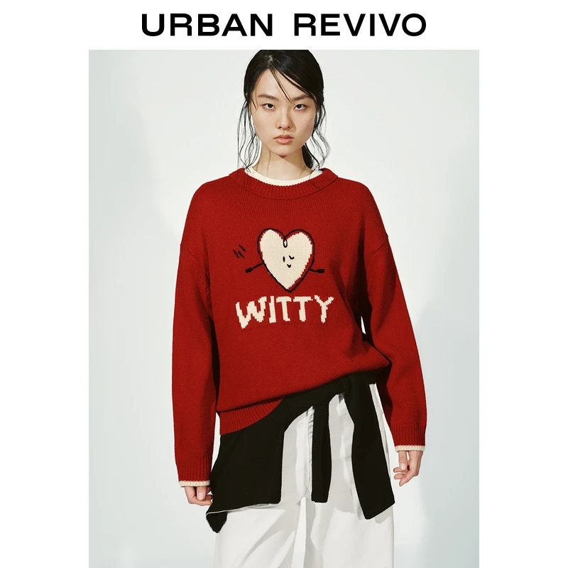 UR2025冬季新款女装休闲撞色趣味提花圆领针织衫UYY950152