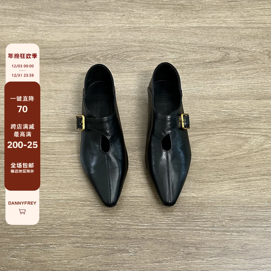 Dannyfrey小众设计超软小金扣尖头小皮鞋女韩版设计粗跟百搭单鞋